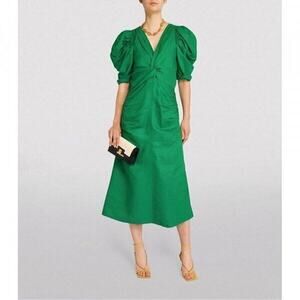 New PROENZA SCHOULER Twist Ruched Midi Dress Linen Kelly Green Sz 10 Puff Sleeve